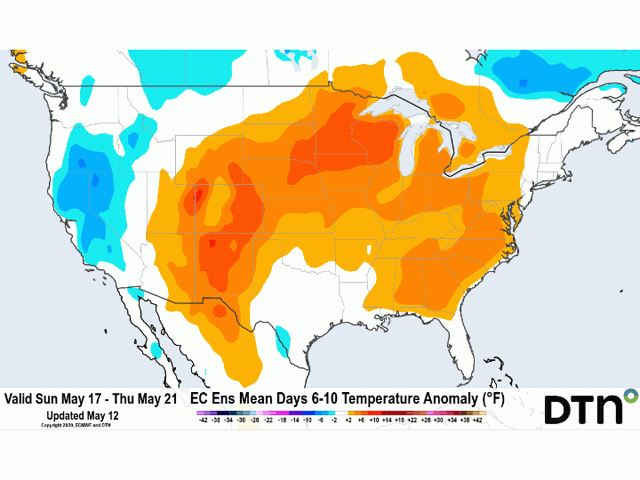 Temperatures will rise above normal for most growing areas east of the Rocky Mountains May 17-21. (DTN graphic)