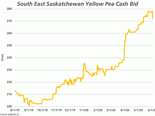 This chart shows the trend for No. 2 CW yellow peas delivered to elevators/processors in southeast Saskatchewan this crop year. This was followed by further weakness on June 3 and bears watching. (DTN graphic by Cliff Jamieson)