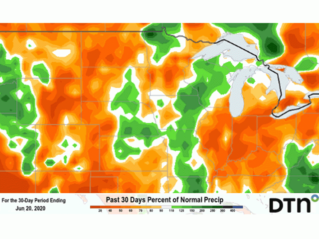 Despite Tropical Depression Cristobal rain in some Midwest areas, much of the north-central region has had below-normal rain over the past 30 days. Some areas have had only 10%-25% of normal for this time of year. (DTN graphic)