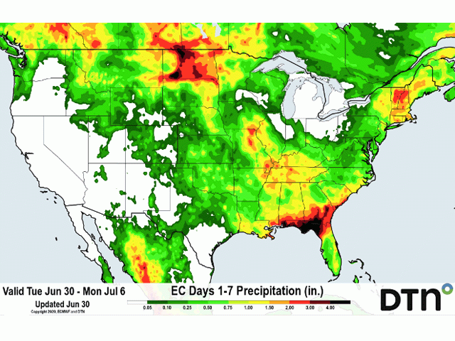 Heavy rain is expected in the Northern Plains and the Southeast through July 6, but the southwest Plains and Eastern Corn Belt look much drier. (DTN graphic)