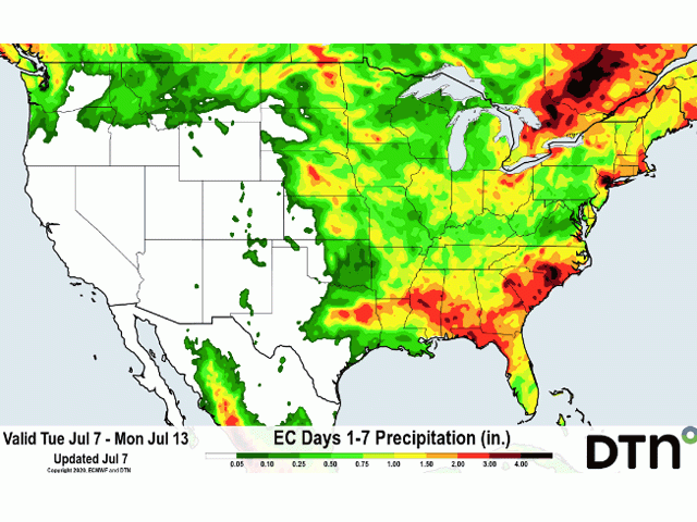Showers and thunderstorms offer the potential to keep stressful heat from completely blanketing the central U.S. through July 13. (DTN graphic)