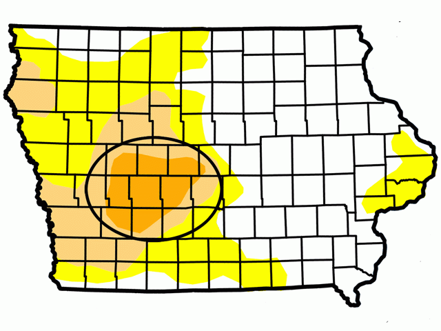 The July 14 Drought Monitor places almost the entire western half of Iowa in dryness and drought including Severe Drought in eight west-central counties. (National Drought Mitigation Center graphic)