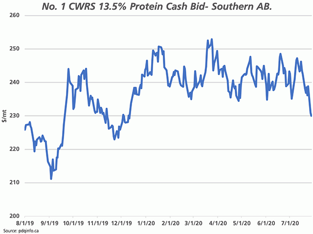 This chart shows the southern Alberta No. 1 CWRS 13.5 percent protein cash bid reaching its lowest trade since mid-December, after the July high failed to test previous highs. (DTN chart by Cliff Jamieson)