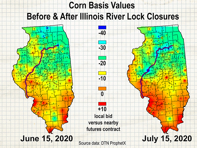 Corn basis bids at locations directly along the Illinois River became noticeably weaker after several lock and dam facilities were closed for planned repairs and rehabilitation. (Graphic by Elaine Kub)