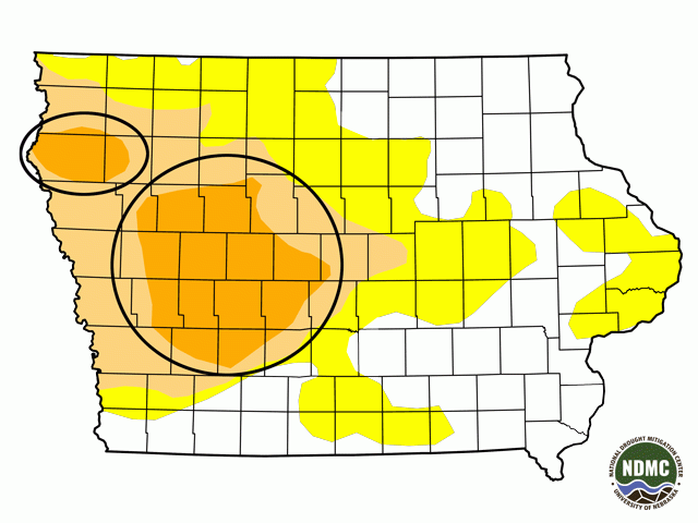 More than half of Iowa is in some phase of dryness or drought. That includes all or parts of 21 counties in severe drought. (National Drought Mitigation Center graphic)