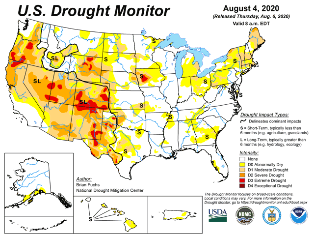 The latest U.S. Drought Monitor shows roughly 500 counties nationally meet USDA's criteria for emergency haying and grazing on Conservation Reserve Program land. USDA announced a policy change Friday involving how decisions are made for haying and grazing CRP ground, based on conditions shown on the Drought Monitor. (Map courtesy of the U.S. Drought Monitor at the University of Nebraska) 