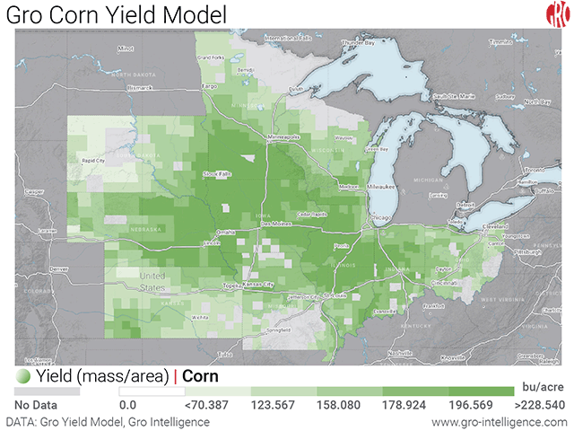 Green shading shows higher (dark green) and lower (light green) county yield estimates on Gro Intelligence&#039;s real-time yield maps in the 10 states included in this year&#039;s digital yield tour. (Photo courtesy of Gro Intelligence)