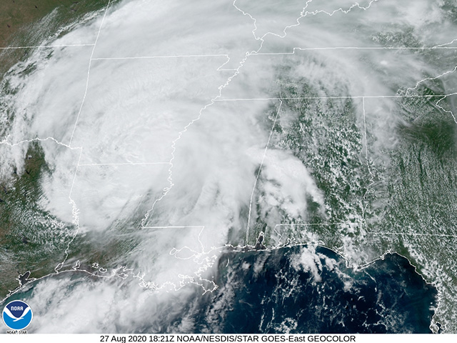 Delta and Midsouth crops remain in the corridor of likely damage from Tropical Storm Laura. (NOAA satellite image)