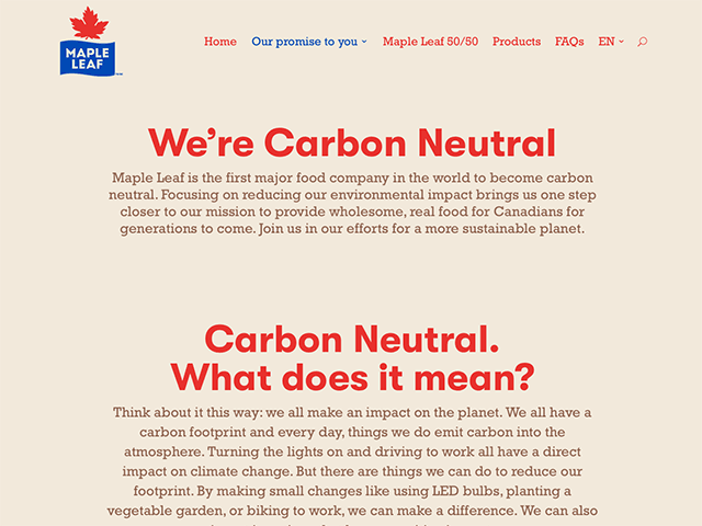 On Maple Leaf Food's website, the company explains what is carbon neutral and how the company achieved carbon neutrality. (Screen capture image)