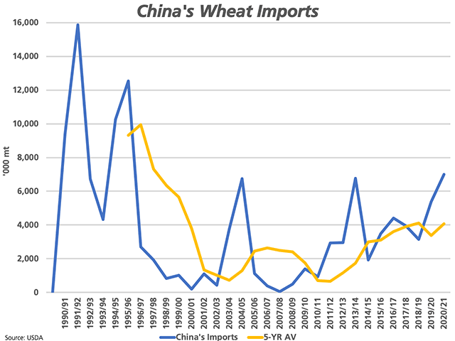 The blue line represents the USDA's estimate for China's annual wheat imports, while the gold line represents the five-year average. On Sept. 11, the USDA increased this estimate from 6 million metric tons to 7 mmt for 2020-21. (DTN graphic by Cliff Jamieson)