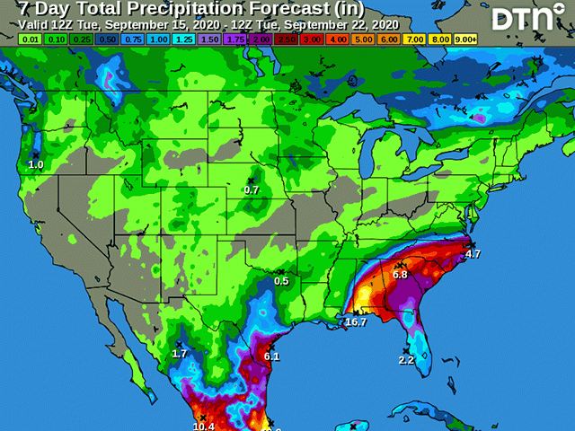 Outside of heavy Hurricane Sally rain in the Southeast, only isolated light showers are expected through Sept. 21 in the primary U.S. crop areas. (DTN graphic)