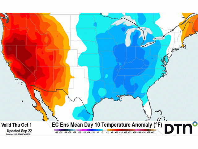 Graphic cutline: Early October has a much cooler temperature pattern in store for the central and eastern U.S. (DTN graphic)