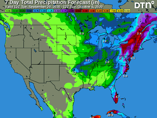 Showers will continue across the Great Lakes through Oct. 2 with another system bringing light rain Oct. 3-5. Western areas will have continued good weather conditions while the eastern Midwest may need to dodge some showers. (DTN graphic)