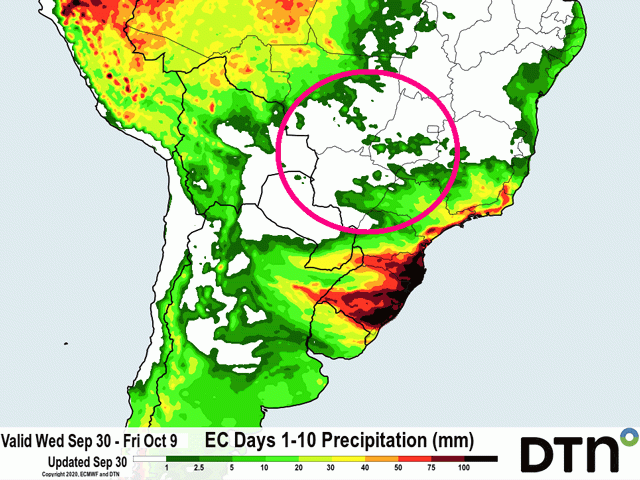 The start of the wet season in Brazil is not on the horizon. Little to no rainfall is expected for the major production areas in central Brazil through Oct. 9. (DTN graphic)