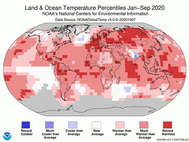Brick-red colors over most of the world's regions show how January through September temperatures were record-warmest. (NCEI graphic)