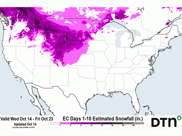 Conditions are promising for snow in the Plains through Oct 23. Accumulating snow is possible. (DTN graphic)