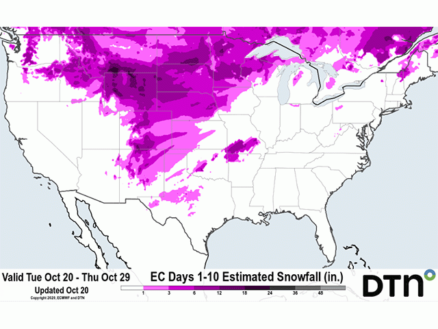 Snow may fall as far south as Texas with more consistent snows expected in the Northern Plains and northern Midwest through Oct. 29. (DTN graphic)