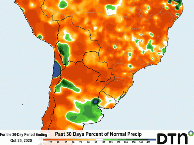 Rainfall during the last 30 days is well-below normal over much of the South American continent. (DTN graphic)