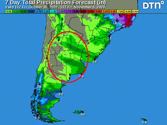 Most primary Argentina crop areas have less than 0.5 inch rain in the seen-day forecast through early November. (DTN graphic)