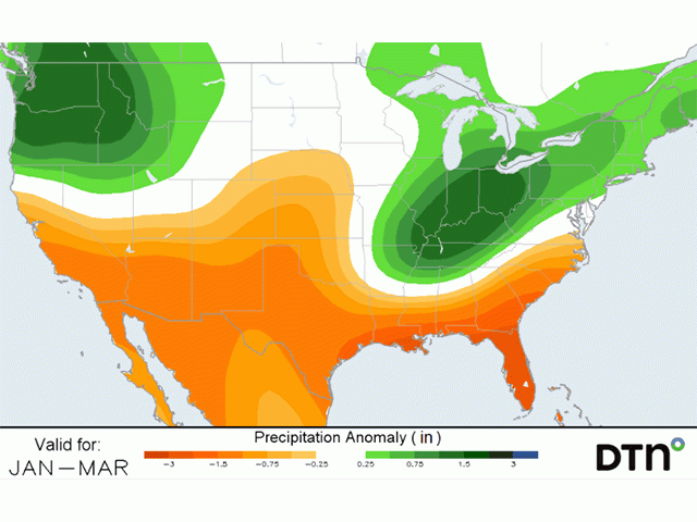 Precipitation in the first quarter of 2021 shows above-normal totals for the eastern Midwest, but mainly below normal in the western Midwest and Plains. (DTN graphic)