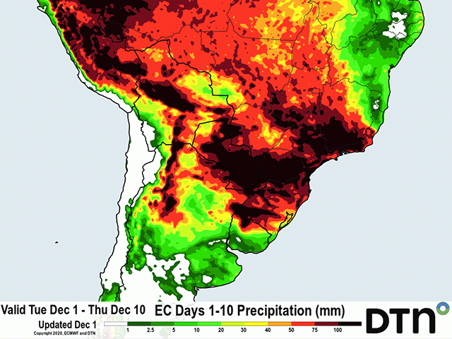 The European forecast model indicates above-normal precipitation over central Brazil during the period through mid-December. (DTN graphic)