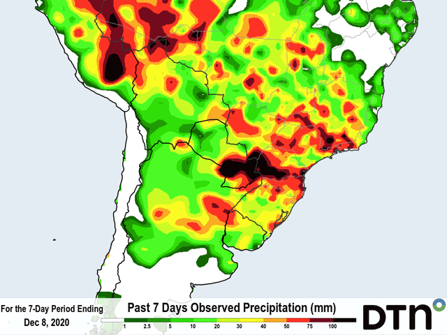 The European forecast model indicates above-normal precipitation over central Brazil during the period through mid-December. (DTN graphic)