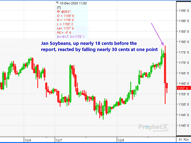 This 60-minute chart of January soybeans shows soybeans futures were up 17 3/4 cents just prior to the report release but quickly fell 27 cents from the highs before recovering a bit. (DTN ProphetX chart by Dana Mantini)