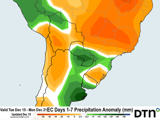 Isolated showers over central Brazil will keep precipitation well-below normal for the next week. (DTN graphic)