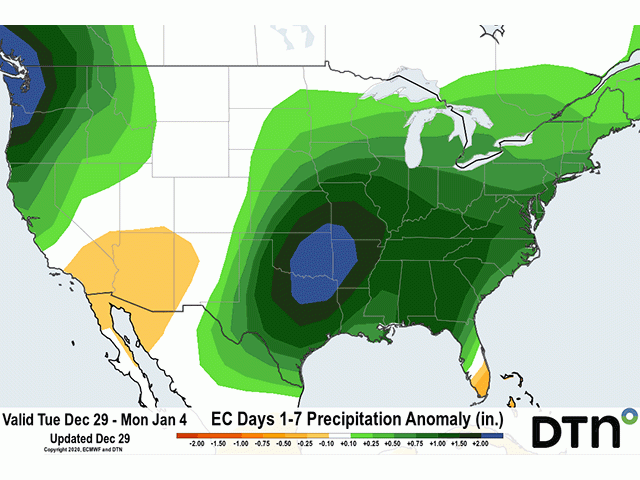 The seven-day precipitation anomaly from the European jet stream model shows the southern branch of the jet stream continues to produce meaningful precipitation across the southern United States. (DTN graphic)