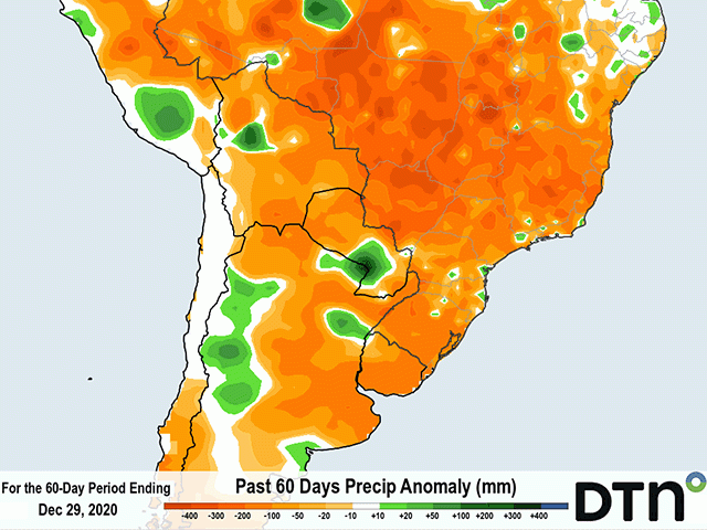 While showers have been active more than the past 60 days for much of South America, amounts have been greatly underachieved. (DTN graphic)