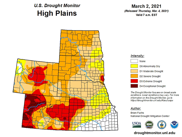 The U.S. Drought Monitor update for March 4 shows most of the Plains states in drought conditions. The lower snowpack in the Plains and drier soil conditions are lowering the risk of widespread flooding along the Missouri River this spring. (Graphic from the National Drought Mitigation Center)