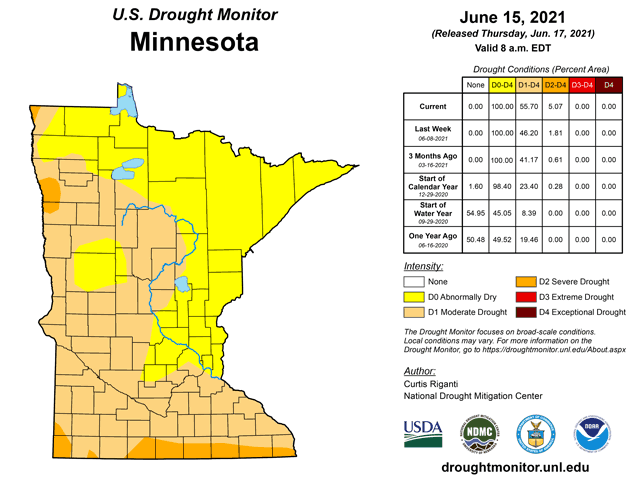 Drought conditions continued to worsen across Minnesota this week, prompting the state to ask water users to take steps to conserve water. (Graphic courtesy of the U.S. Drought Monitor)