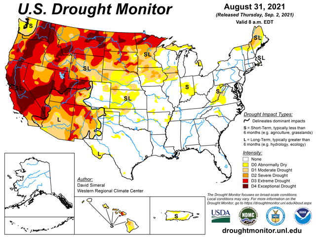 The Drought Monitor update from Aug. 31 showed some relief from recent rains in the Upper Midwest, but drought continues its grip on the Western Corn Belt. (National Drought Mitigation Center graphic)
