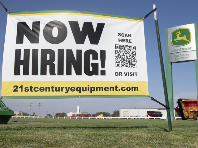 A 21st Century Equipment dealership in Yuma, Colorado, trying to hire in late September. (DTN/Progressive Farmer photo by Joel Reichenberger)
