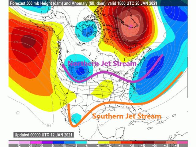 Both the northern and southern jet streams will be active through Jan. 20. This often leads to uncertainty in the forecast. (DTN graphic)
