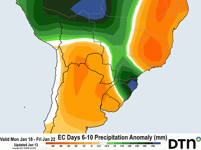 After some beneficial rain in Argentina Jan. 15-17, a dry week is forecast. The drier trend is also likely to cover eastern Brazil crop areas. (DTN graphic)