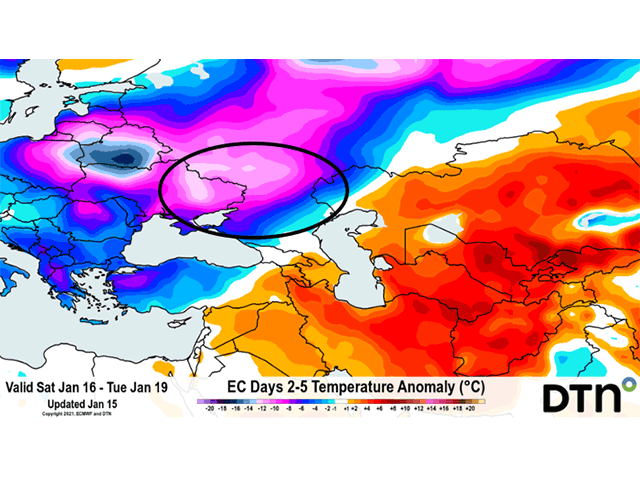 Arctic air will descend upon the Black Sea growing region into next week. Exposed winter grains will be susceptible to winter kill. (DTN graphic)