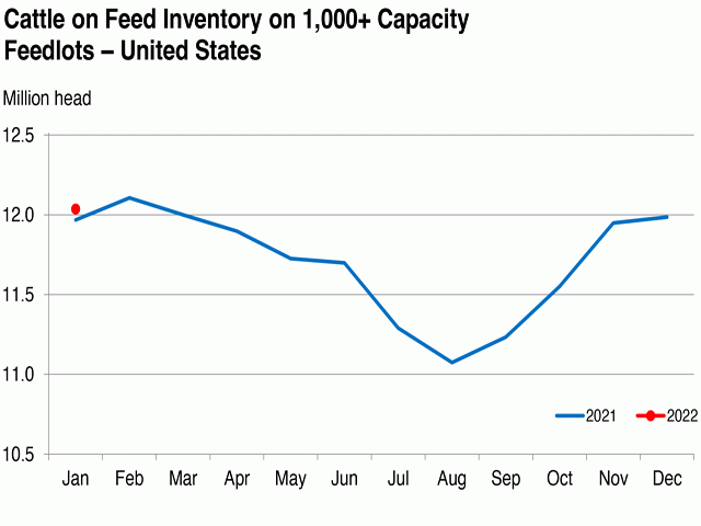 Cattle and calves on feed for the slaughter market in the United States for feedlots with capacity of 1,000 or more head totaled 12.0 million head on Jan. 1, 2022. The inventory was 1% above Jan. 1, 2021. (USDA NASS chart)