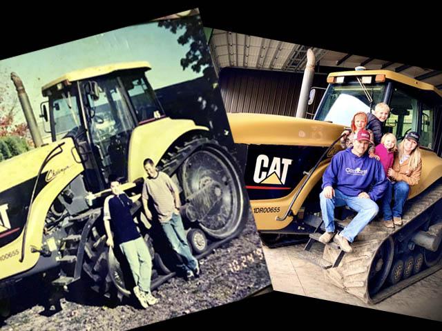 This 1995 Cat 45 served Brenda Frketich's family for 22 years. The photo on the left is of the day it arrived on the farm in 1999 (Kyle Kirsch, brother, and Patrick Kirsch, cousin are with it), and the photo on the right is the day it left the farm in 2021. Brenda sits with her husband, Matt, and daughter, Millie, between them with Auggie above Matt and Hoot behind Auggie. (Photos courtesy of Brenda Frketich)