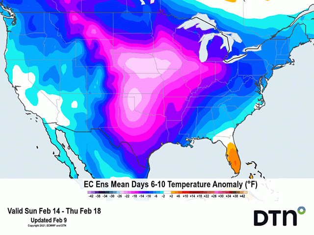 Arctic air in the next 10 days will plunge temperatures to as much as 40 degrees Fahrenheit below normal. (DTN graphic)