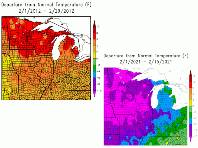 February 2021 temperatures, as much as 15 degrees Fahrenheit below normal, are completely opposite the 10-degree F above normal in February 2012. (High Plains Climate Center graphic) 
