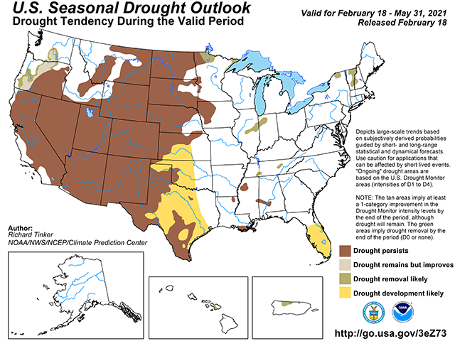 Much of the Plains and Western Midwest are forecast to have continued or developing drought through Spring 2021. (NOAA/CPC graphic)