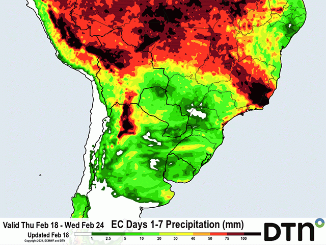 Daily rain showers will continue to delay soybean harvest and corn planting in Mato Grosso and Goias for the next week. (DTN graphic)
