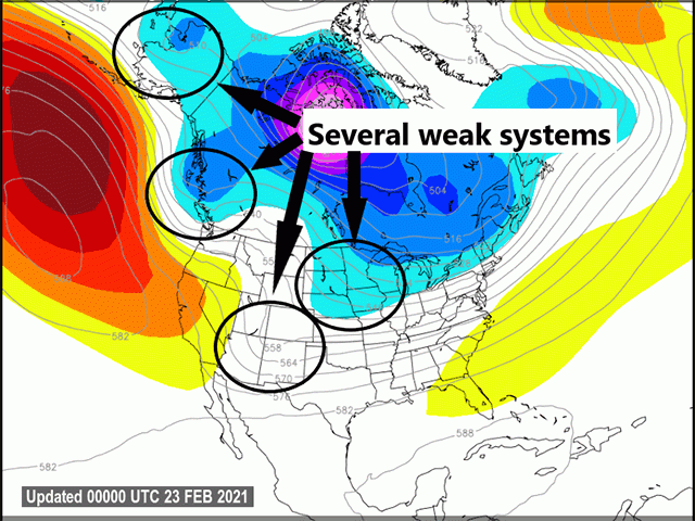 Several weak storm systems are lining up to affect the U.S. through March 1. (DTN graphic)