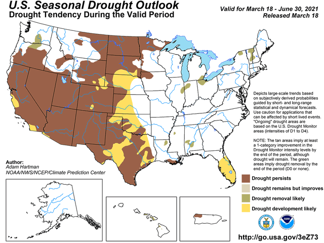 Continuing or developing drought conditions cover most of the Plains and portions of the western Midwest in the spring outlook. (NOAA/CPC graphic)