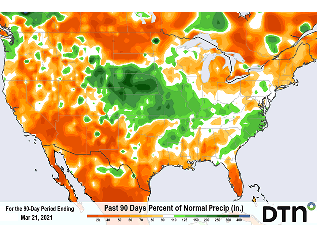 Heavy precipitation during the last two weeks has 90-day totals well-above normal for portions of the Plains, Midwest and Delta. (DTN graphic)