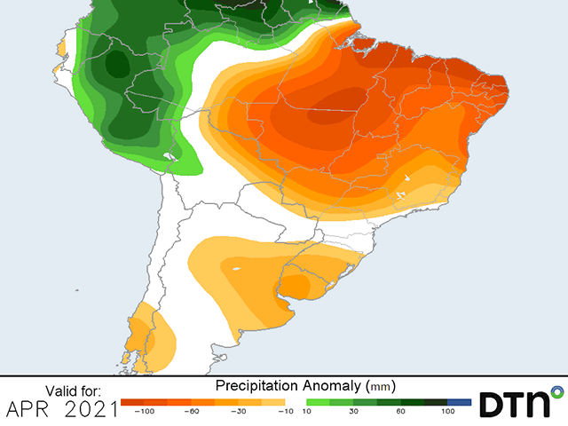Dryness setting up in central and northern Brazil this week is forecast to last through the month of April, sparking concern over safrinha corn yield prospects. (DTN graphic)