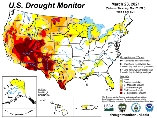 With tight balance sheets for corn and soybeans, analysts say there&#039;s little room for adverse weather conditions, and the current Drought Monitor is one potential cause of concern. (National Drought Mitigation Center graphic) 