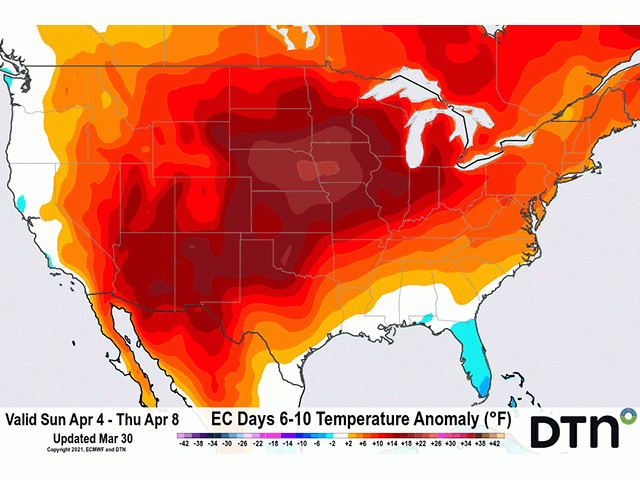 After a chilly trough departs this week, a broad ridge will send temperatures soaring well-above normal for Easter Sunday and the first full week of April. (DTN graphic)