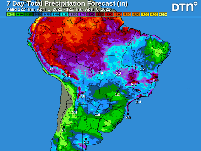 Precipitation for the first week of April will increase for Mato Grosso to Minas Gerais in Brazil, improving conditions for safrinha corn. However, models continue to suggest an overall dry month. (DTN graphic)